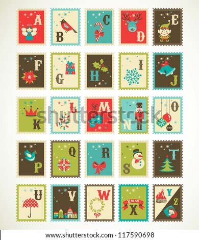 Christmas alphabet with cute stamp xmas icons and illustrations Christmas alphabet with cute stamp xmas icons and illustrations