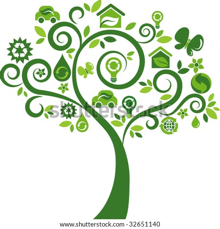 stock vector Green tree with many environmental icons