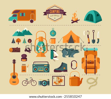 Hiking mountain climbing and camping equipment icon set and infographics Hiking mountain climbing and camping equipment icon set and infographics