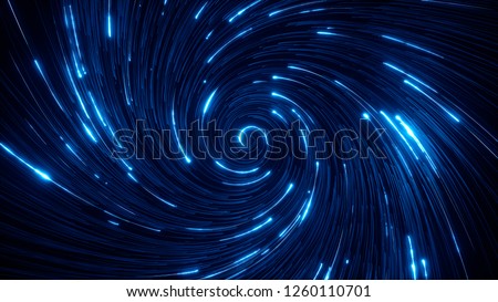 Abstract bright creative cosmic background. Hyper jump into another galaxy. Speed of light, neon glowing twisted lines in motion. Beautiful swirls, colorful vortex. Falling stars. 3d rendering