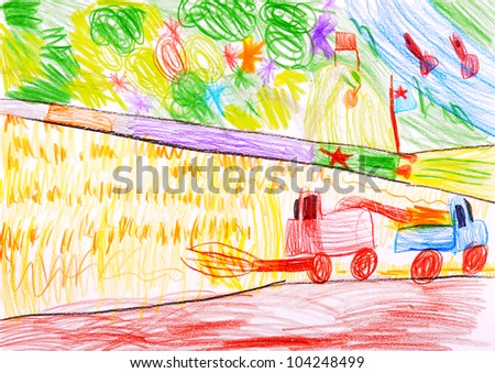 child\'s drawing. Combine harvesting a wheat and space rocket.