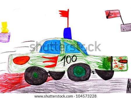 red racing car. child\'s drawing on paper.