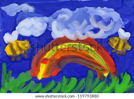 Rainbow and bees. children\'s drawing