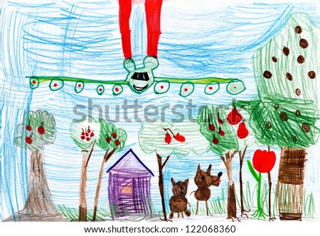 aircraft flies over the kitchen garden with a house and dogs. child\'s drawing