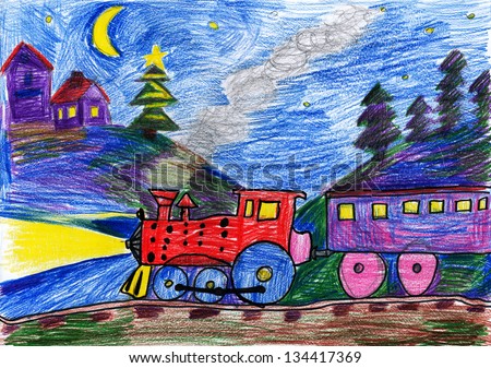 train at night. child\'s drawing on paper