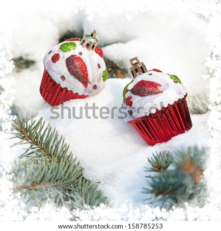 christmas toy cakes on winter tree with snow