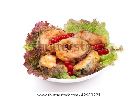 The served dish from fish, salad and a cranberry on white
