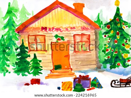 Christmas ornate winter home in forest. Childlike drawing.