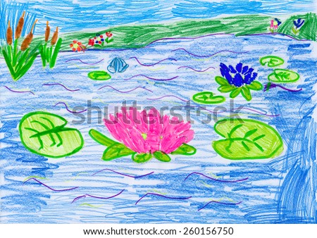 flowers on water. child drawing.