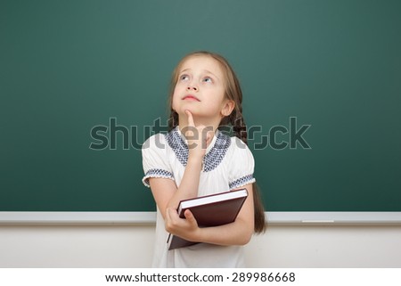 Schoolgirl with book near the school board