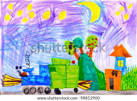 children\'s drawing. night and train
