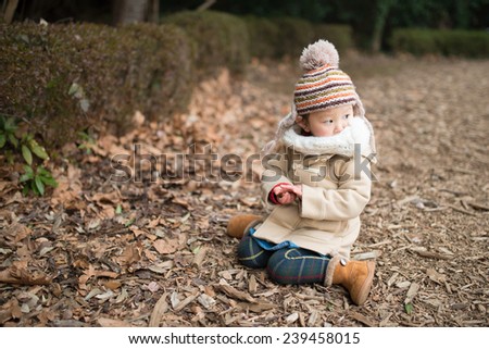 Little girl gathering acorns in the forest
