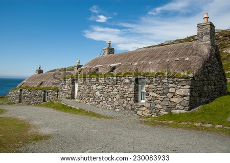 Traditional houses in an highland Scottish village. Gearrannan restored black houses, Isle of Lewis, Outer Hebrides.