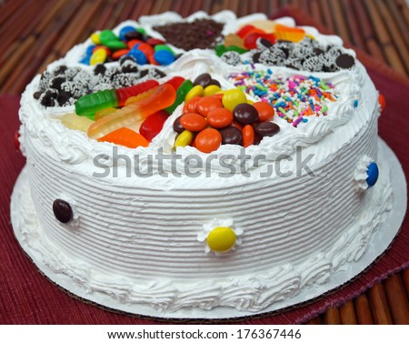 Birthday Cake.  A traditional frosted birthday cake decorated with assorted candy.