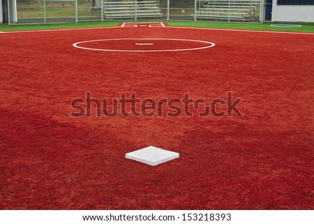 A view from second base looking to home plate over the pitcherÃ¢Â?Â?s mound with artificial turf at a school softball field. The colors of the artificial turf are a high contrast to a normal playing field.
