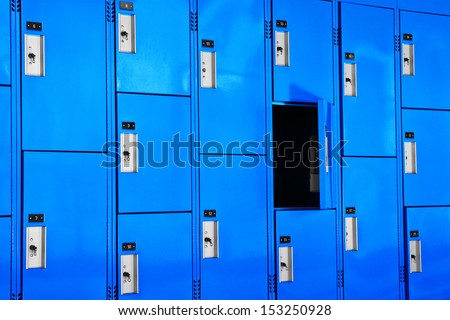 Lockers come in all sizes, shapes, and colors. There is an open locker in this group.