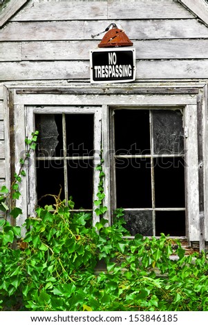 This abandoned house has a no trespassing sign just below the old rusty shade above the window covered vine.
