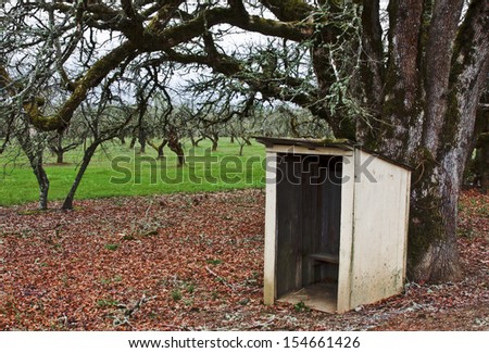 In many rural communities there are shelters put up by people for their children to wait for the school bus. This one is located under an old oak tree next to an orchard.