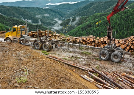 The loader is used to lift the log truck trailer from the truck and line up with the truck hitch.