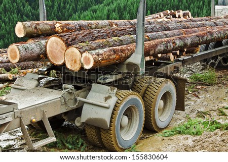 After the log truck trailer is secured to the truck hitch, the loader starts loading the truck and trailer combination.