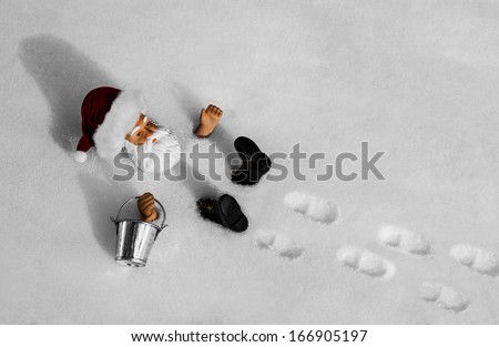 Santa Fall. As Santa was going out to feed the reindeer he stepped back and fell into a powder snow bank.