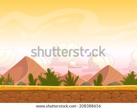 Seamless cartoon desert landscape, vector unending background with ground, bushes, sand-dunes  and sky layers
