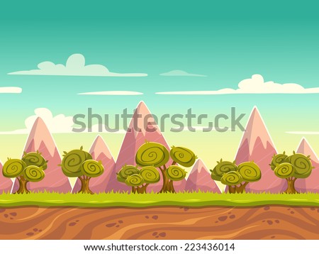 Seamless cartoon nature landscape, unending background with soil, trees, mountains and cloudy sky layers