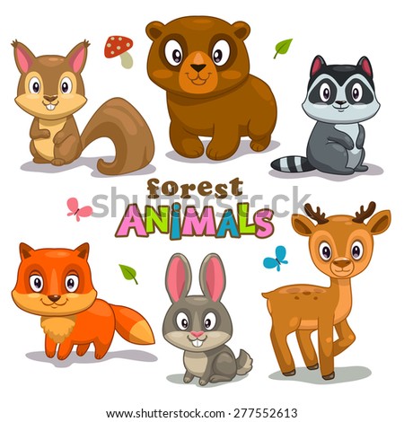 Set of cute cartoon forest animals, childish vector illustration
