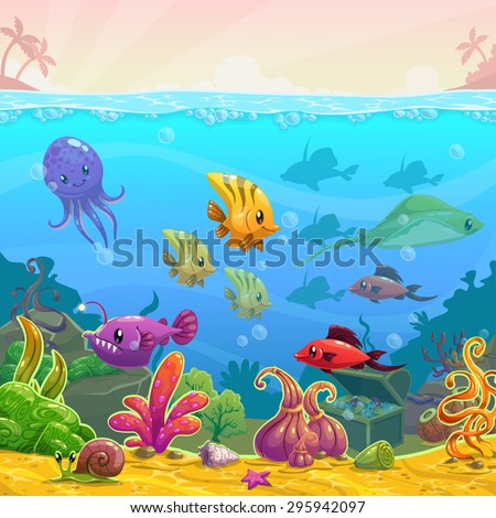 Funny cartoon vector underwater illustration with sea animals, square size