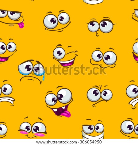 Seamless pattern with funny cartoon faces on yellow background
