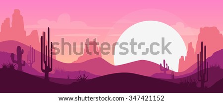 Cartoon desert landscape with cactus, hills and mountains silhouettes, vector nature horizontal background