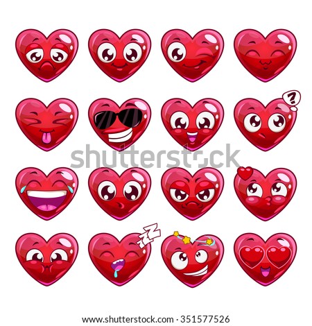 Funny cartoon heart character emotions set, vector icons, isolated on white