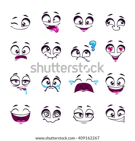 Set of funny cartoon vector comic faces, different emotions, isolated on white, design elements, different feelings avatars