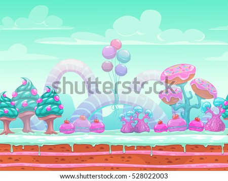 Fantasy sweet world illustration. Candyland scene with cute blue, mint and pink elements,background for game or web design. Vector seamless landscape with separated layers for parallax in animation.