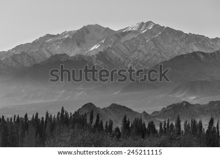 Himalayan Range at Leh, Northern India in black and white style