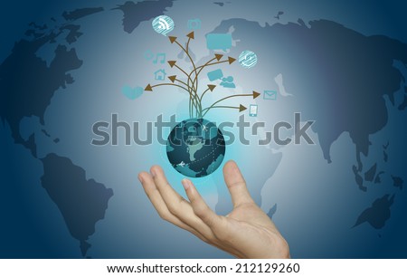 Business man and  hand show social network structure.
