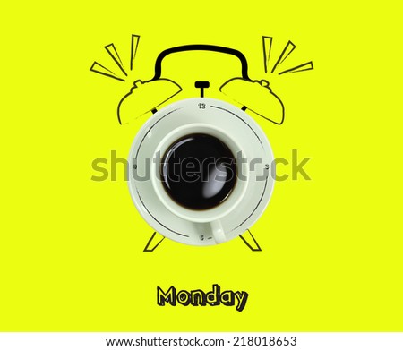 clock cup of fresh espresso with clock sign with yellow background of the Monday clock cup of fresh espresso with clock sign with yellow background of the Monday