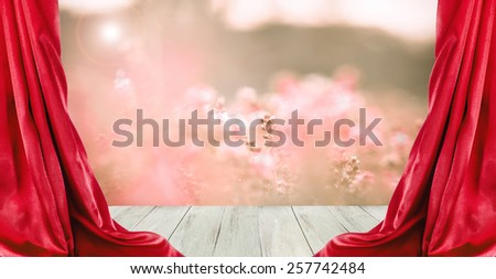 Open red curtains on a wood stage background.