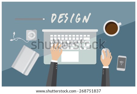 Set of Flat vector design illustration of modern business office and workspace. Top view of desk background with laptop, digital devices, office objects with notepad.