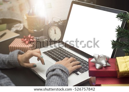business woman hand typing computer keyboard on desk office concept office christmas and happy new year.