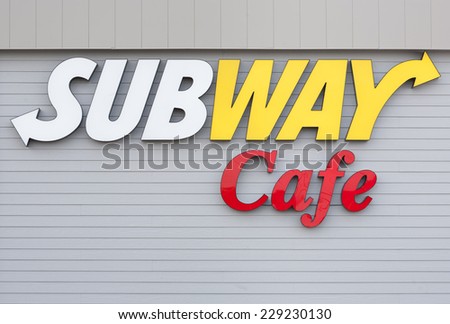 TRURO, CANADA - NOVEMBER 09, 2014: Subway Cafe sign. Subway is an American fast food franchise offering sub sandwiches and salads. Subway has 42,912 restaurants worldwide as of November, 2014.