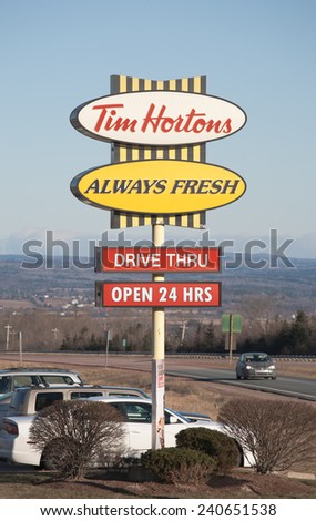 TRURO, CANADA - DECEMBER 30, 2014: Tim Hortons Sign. Tim Hortons is a Canadian restaurant chain known for its coffee and doughnuts. In 2014 Burger King purchased Tim Hortons for 11.4 billion $US.