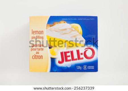 PLEASANT VALLEY, CANADA - FEBRUARY 25, 2015: Jell-O Lemon Pie filling. Jell-O is Kraft Foods brand for various desserts.These include puddings,fruit gels and cream pies.