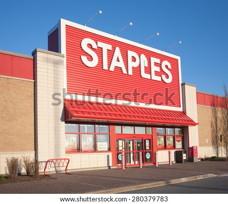 DARTMOUTH, CANADA - MAY 21, 2015: Staples storefront. Staples is an office supply retail outlet with over 2,000 stores in 26 countries.