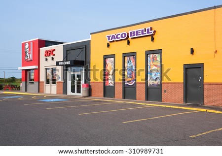STEWIACKE, CANADA - AUGUST 29, 2015: Taco Bell is a fast food restaurant chain based in California. KFC is a fast food restaurant chain specializing in fried chicken. KFC is based in Kentucky.
