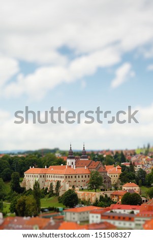 Tilt shift photo of Old Romanesque-Gothic Christian church from 13th century