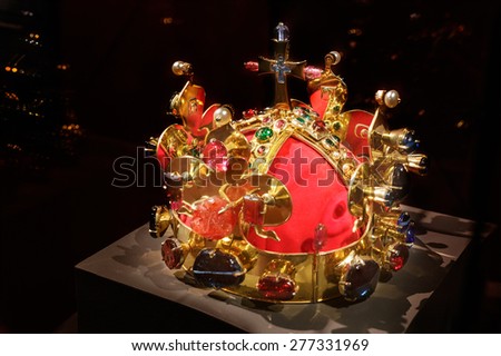 PRAGUE, CZECH REPUBLIC - MARCH 15, 2015: The Bohemian Crown Jewel â?? St. Wenceslas Royal Crown, Old Royal Palace, Prague Castle.
