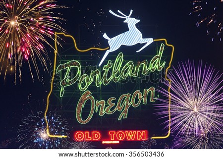 Sign in Portland, Oregon with jumping deer and image of oregon\'s borders