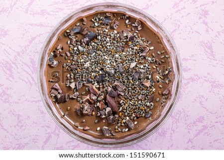 Chia seeds chocolate pudding  with cocoa nibs
