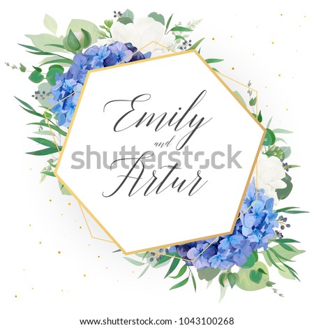 Wedding floral invite, save the date card design with elegant blue violet hydrangea flowers, white garden roses,  eucalyptus green branches, greenery leaves & golden frame decoration. Luxury template